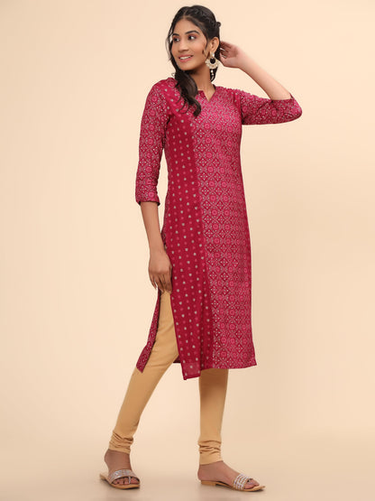Women's Foil Print Straight Rayon Pink Stitched Kurta