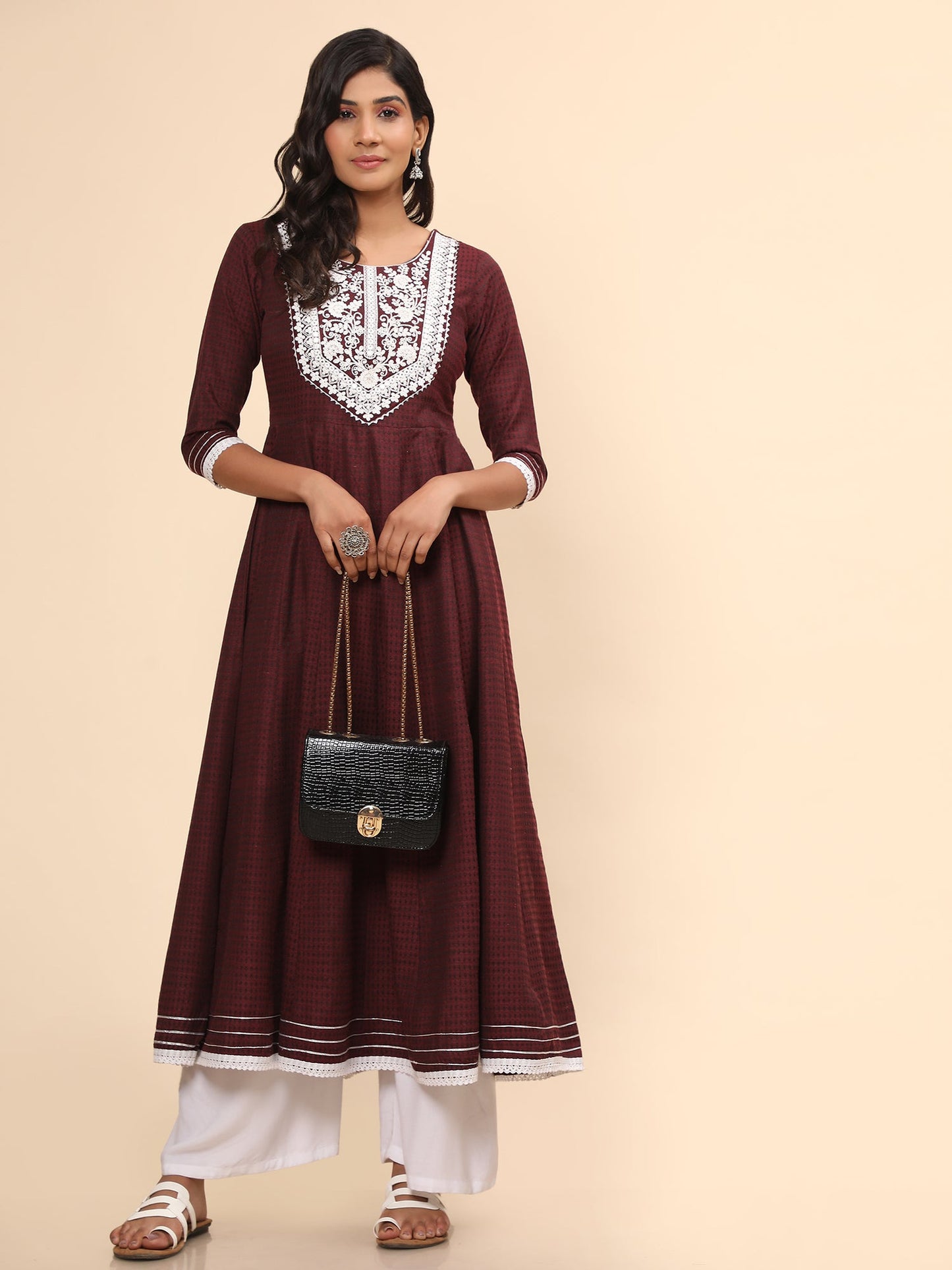 Women's Embroidered Anarkali Cotton Purple Stitched Kurta