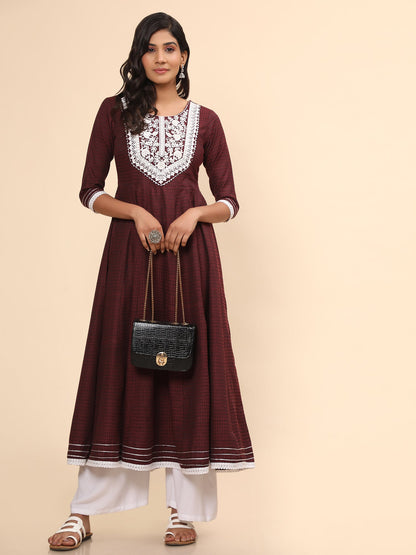 Women's Embroidered Anarkali Cotton Purple Stitched Kurta