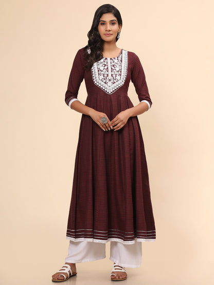 Women's Embroidered Anarkali Cotton Purple Stitched Kurta