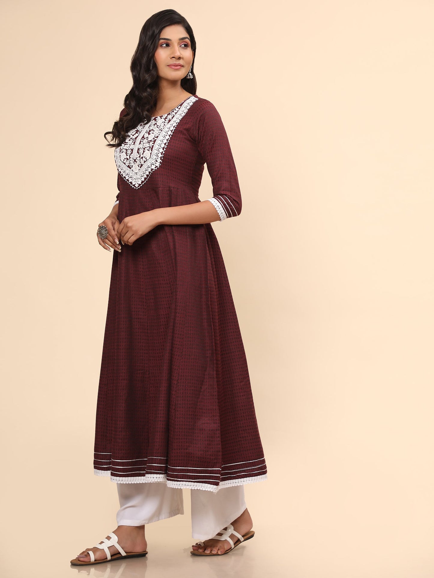 Women's Embroidered Anarkali Cotton Purple Stitched Kurta