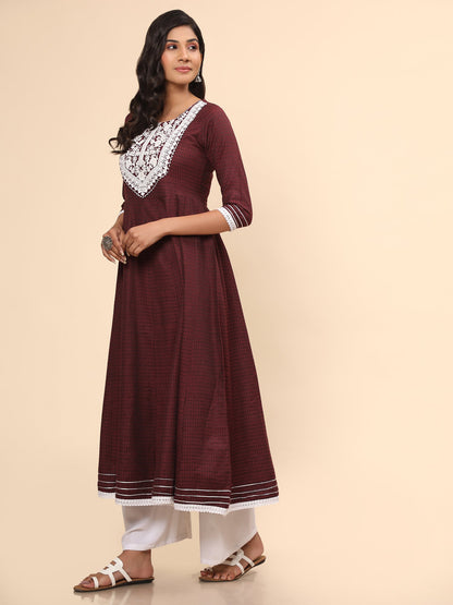 Women's Embroidered Anarkali Cotton Purple Stitched Kurta