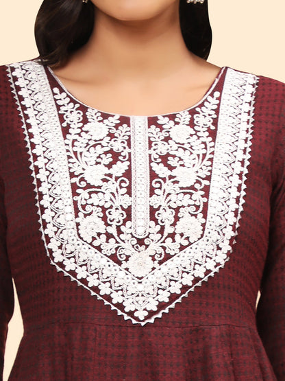 Women's Embroidered Anarkali Cotton Purple Stitched Kurta
