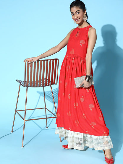Women's Attractive Red Cotton Ethnic Motifs Kurta