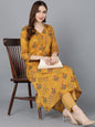 Women's Cotton Mustard Floral Printed High-Low Kurta