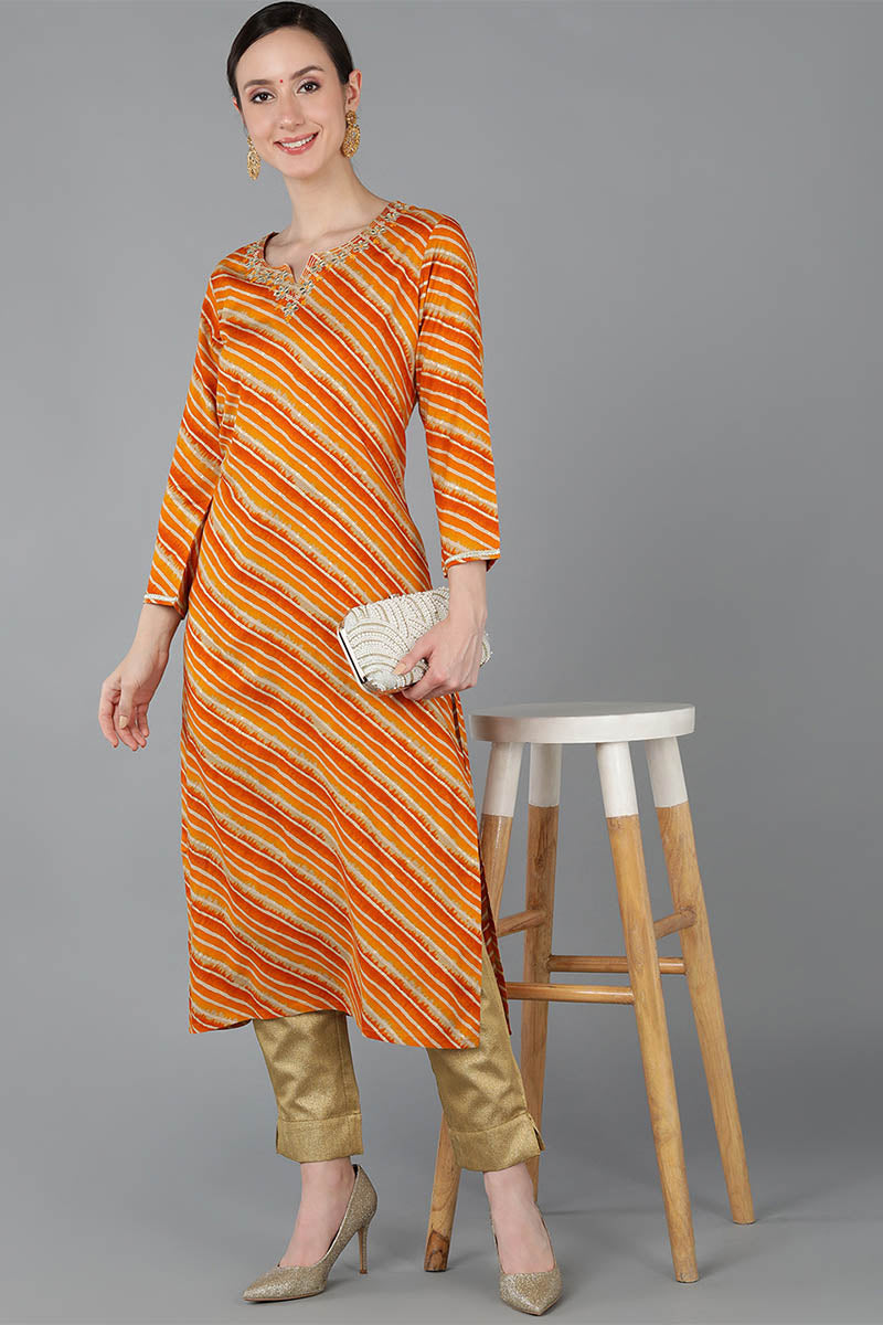 Women's Chanderi Silk Leheriya Printed Kurta