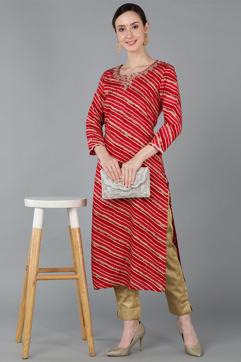 Women's Chanderi Silk Leheriya Printed Kurta