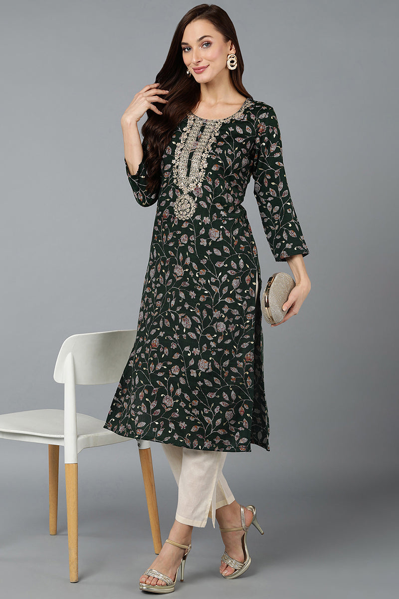 Women's Silk Blend Green Printed Regular Fit Kurta