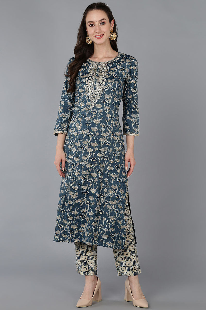 Women's Silk Blend Floral Printed Embroidered Kurta