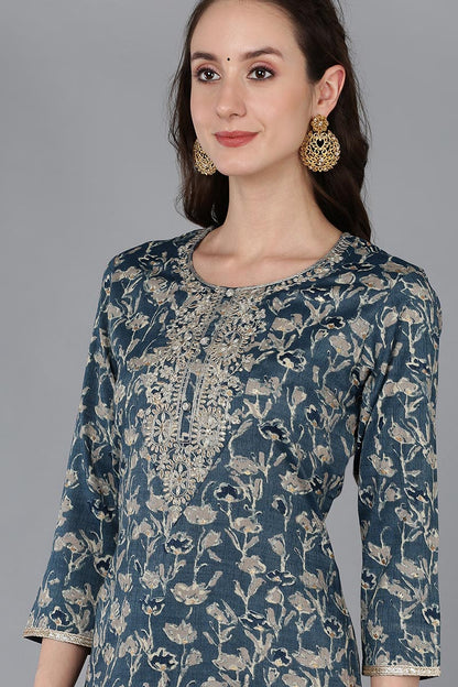 Women's Silk Blend Floral Printed Embroidered Kurta