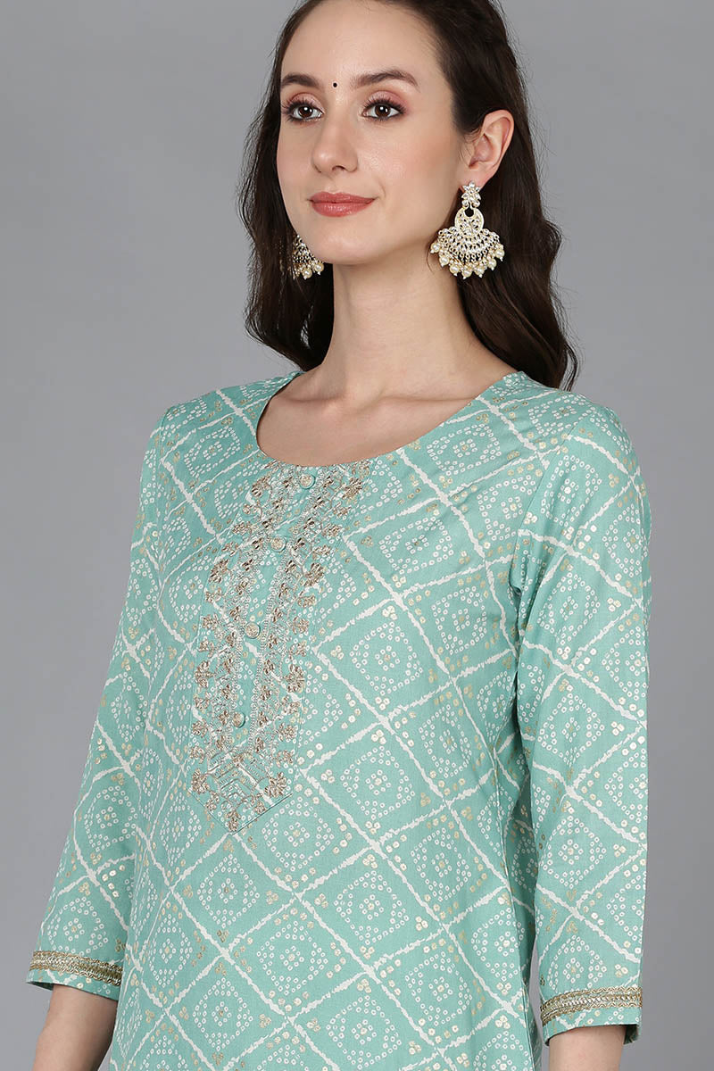Women's Cotton Blend Bandhani Printed Embroidered Kurta