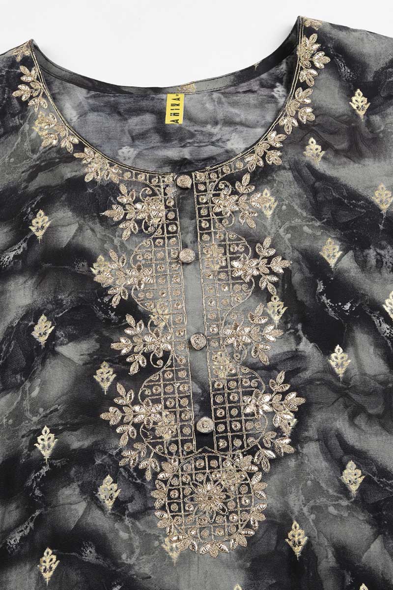 Women's Silk Blend Woven Design Embroidered Kurta