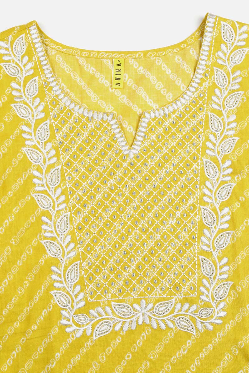 Women's Cotton Embroidered Bandhani Printed Kurta