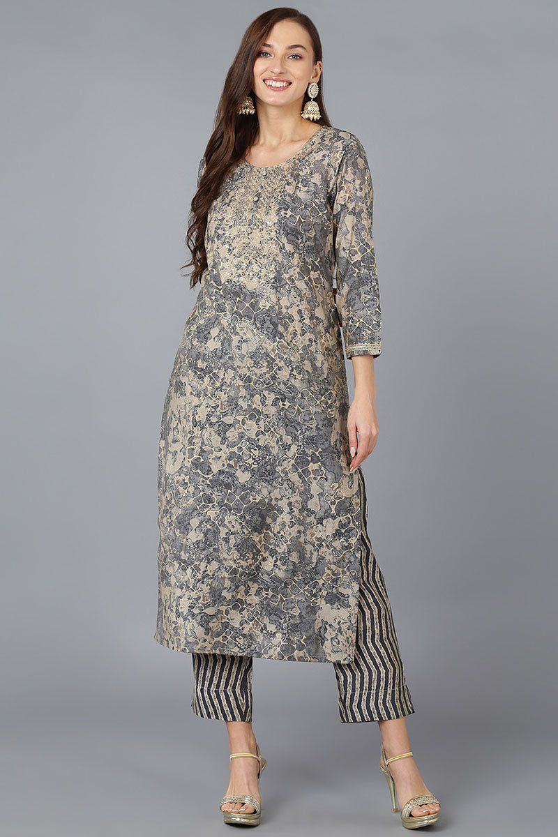 Women's Silk Blend Embroidered Abstract Printed Kurta