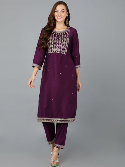 Women's Silk Blend Purple Embroidered Regular Fit Kurta