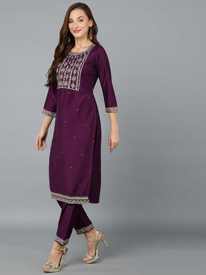 Women's Silk Blend Purple Embroidered Regular Fit Kurta