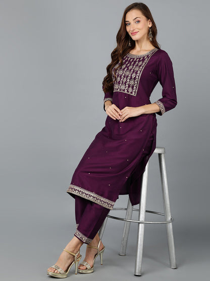 Women's Silk Blend Purple Embroidered Regular Fit Kurta