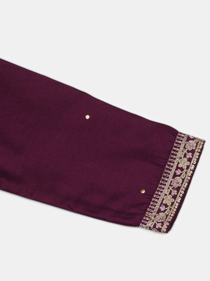 Women's Silk Blend Purple Embroidered Regular Fit Kurta
