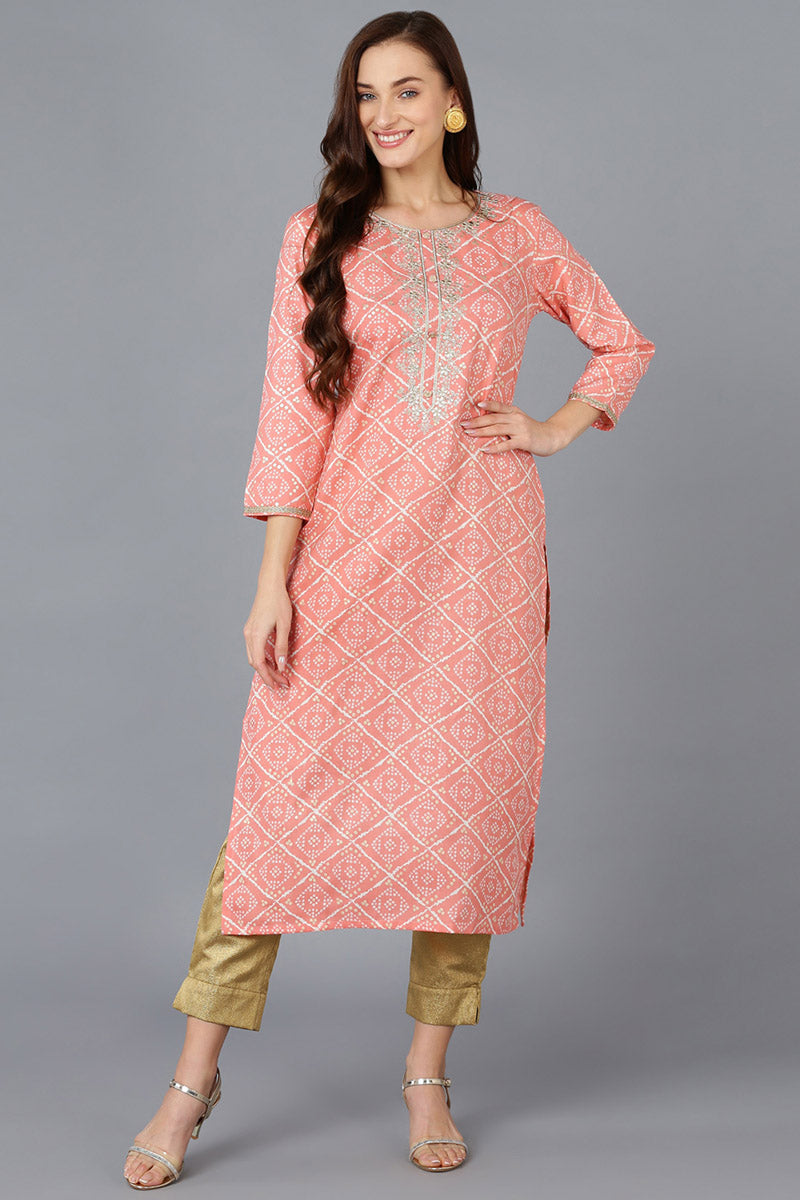 Women's Cotton Blend Embroidered Bandhani Printed Kurta