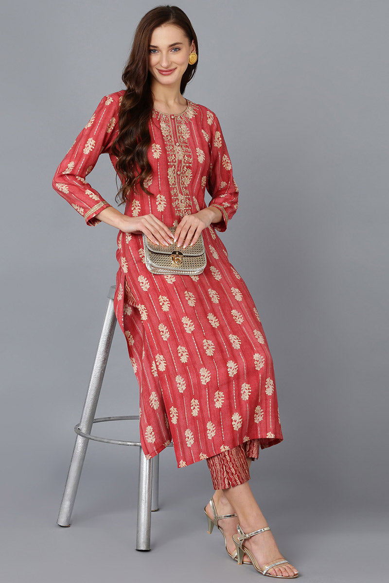 Women's Silk Blend Embroidered Abstract Printed Kurta