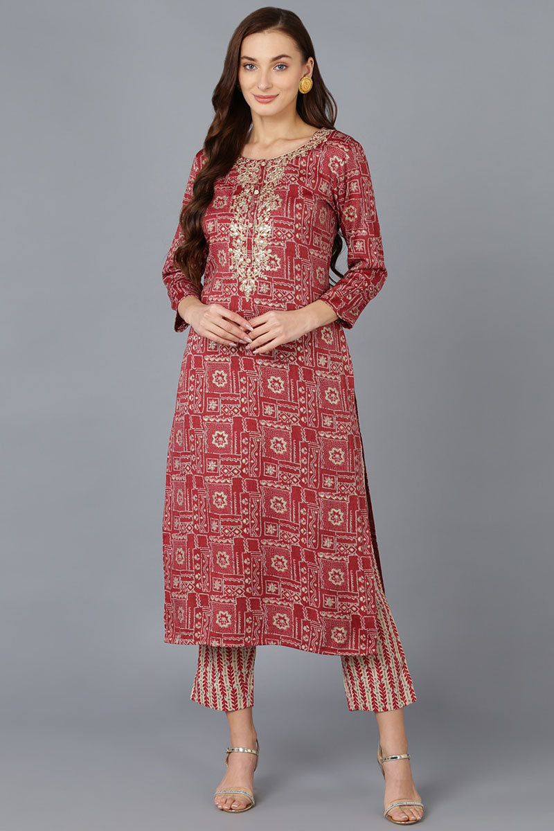 Women's Silk Blend Embroidered Geometric Printed Kurta