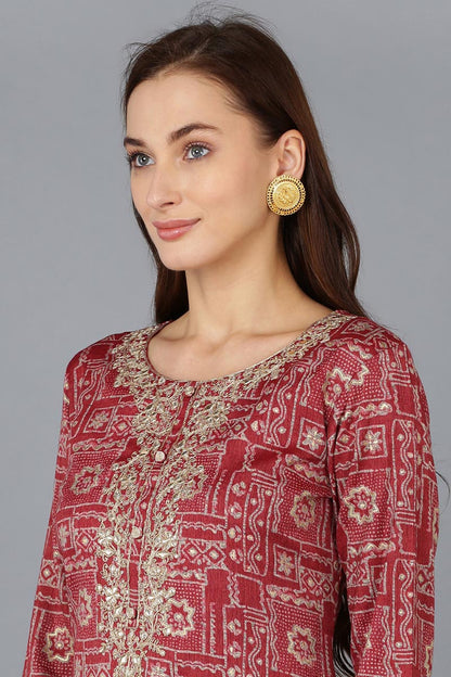 Women's Silk Blend Embroidered Geometric Printed Kurta