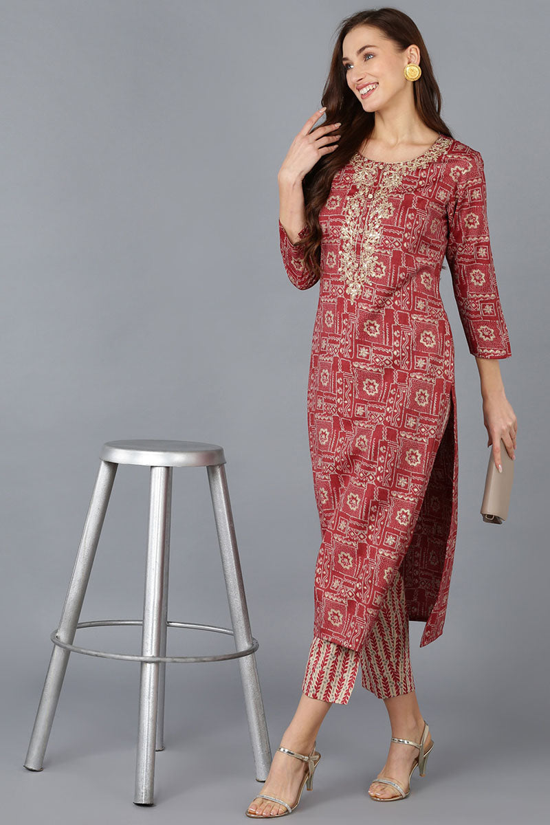 Women's Silk Blend Embroidered Geometric Printed Kurta