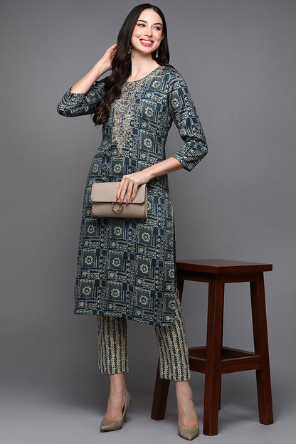 Women's Silk Blend Navy Blue Printed Regular Fit Kurta