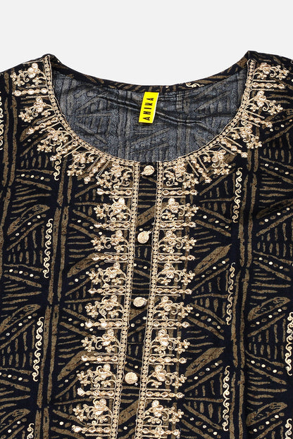 Women's Blue Silk Blend Ethnic Motifs Straight Kurta