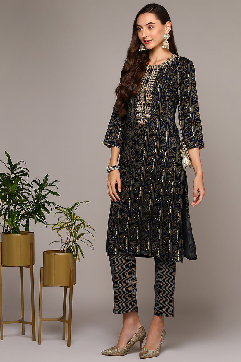 Women's Blue Silk Blend Ethnic Motifs Straight Kurta