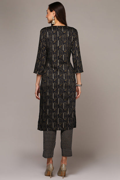 Women's Blue Silk Blend Ethnic Motifs Straight Kurta