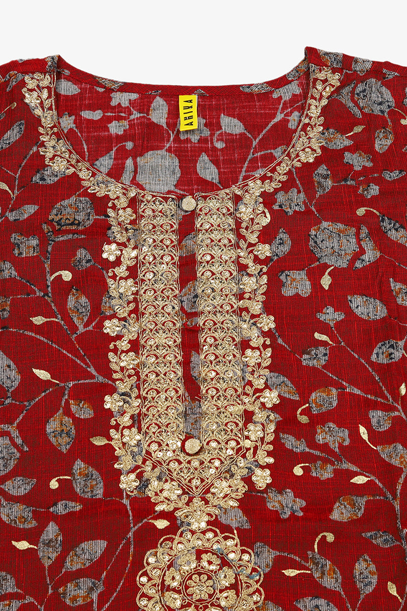Women's Red Viscose Rayon Embroidered Kurta