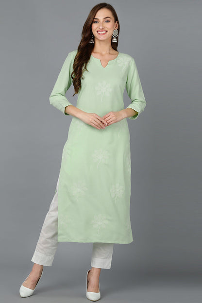Women's Mint Green Cotton Blend Embroidered Workwear Kurta