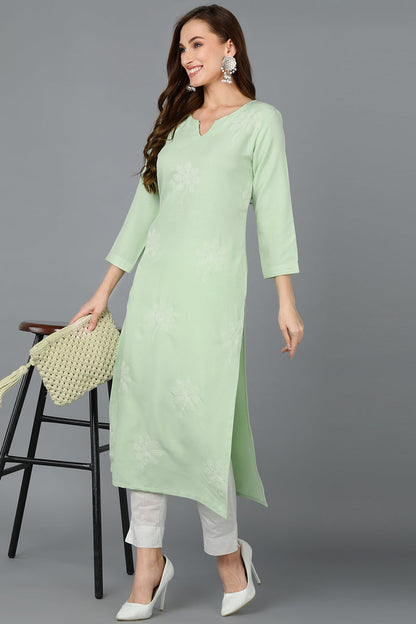 Women's Mint Green Cotton Blend Embroidered Workwear Kurta