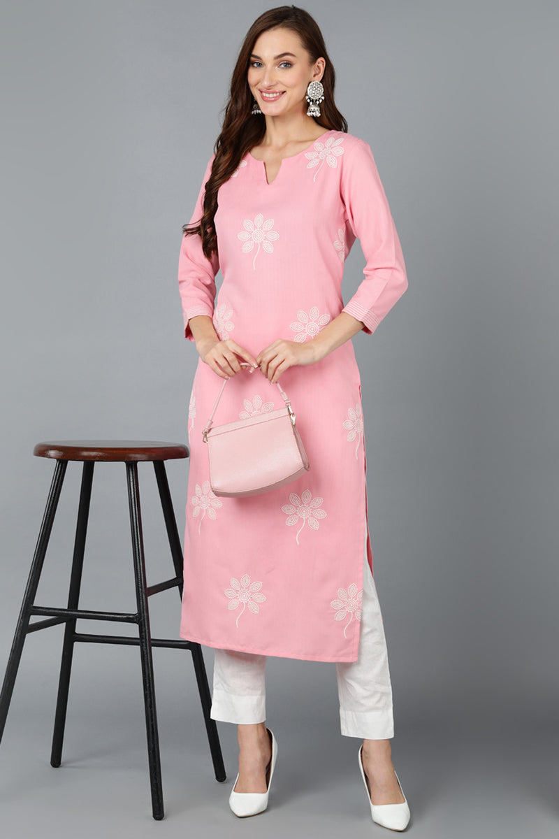Women's Rose Pink Cotton Blend Embroidered Workwear Kurta