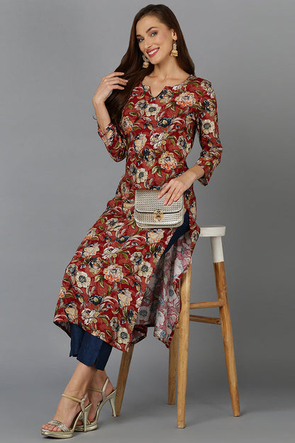 Women's Cotton Blend Maroon Floral Printed Regular Fit Kurta