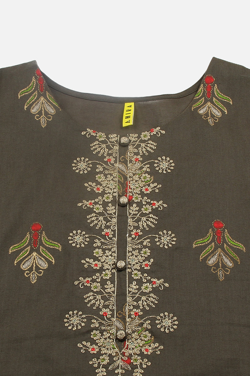Women's Cotton Pine Green Embroidered Regular Fit Kurta