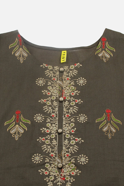 Women's Cotton Pine Green Embroidered Regular Fit Kurta