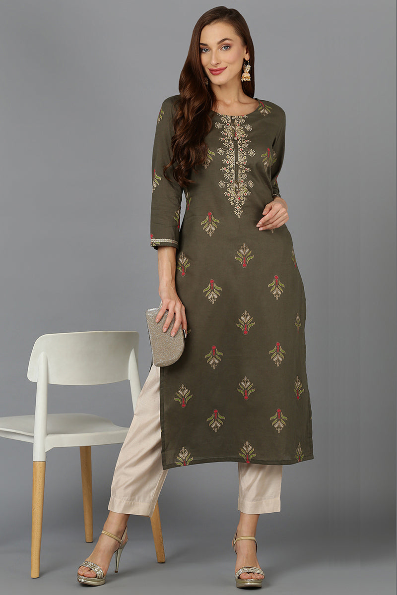 Women's Cotton Pine Green Embroidered Regular Fit Kurta