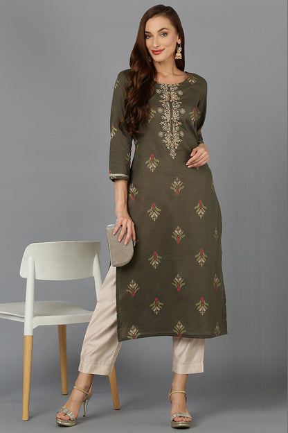 Women's Cotton Pine Green Embroidered Regular Fit Kurta