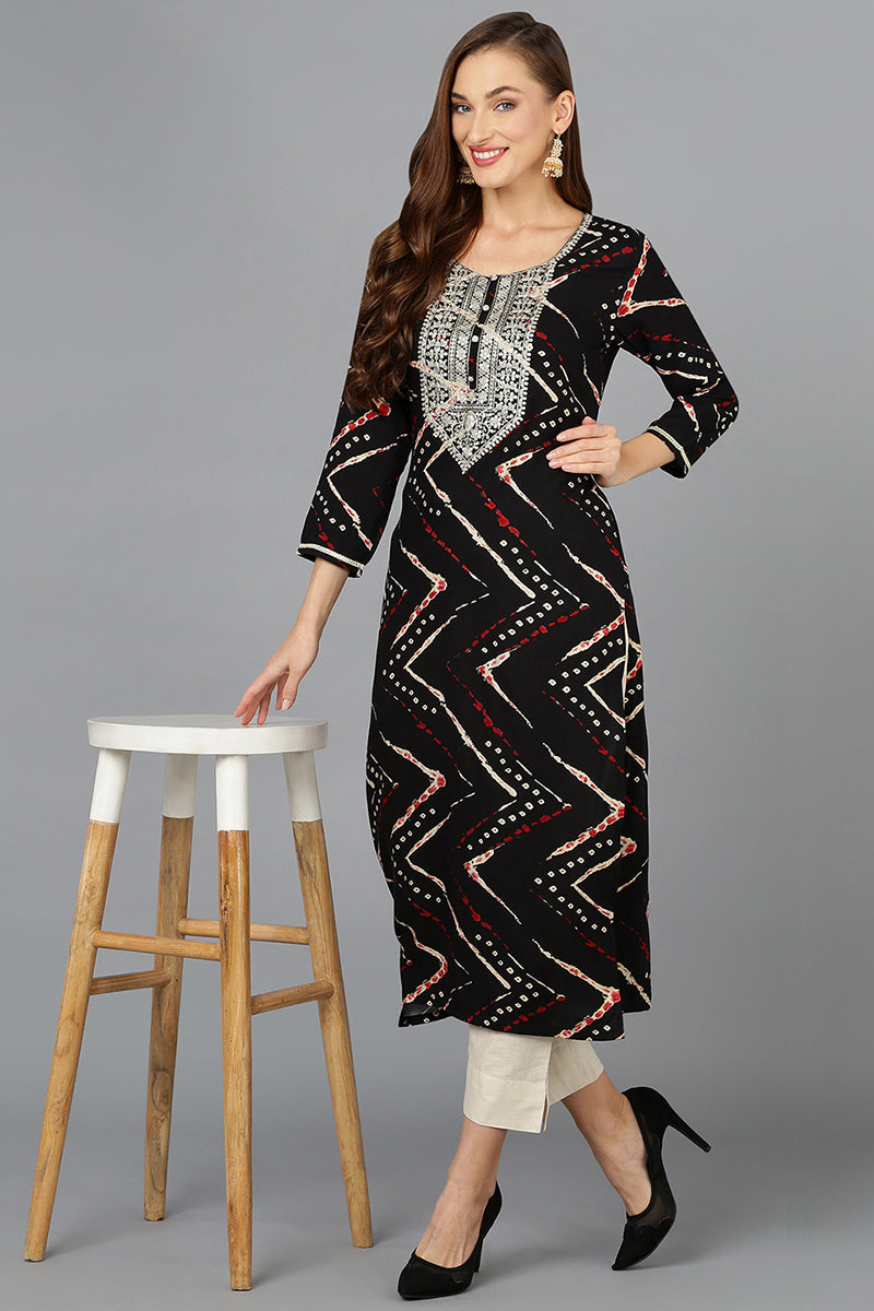 Women's Viscose Rayon Black Printed Regular Fit Kurta