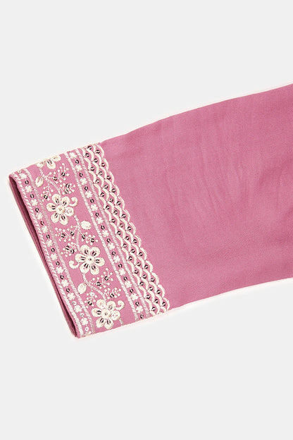 Women's Rayon Pink Embroidered Regular Fit Kurta
