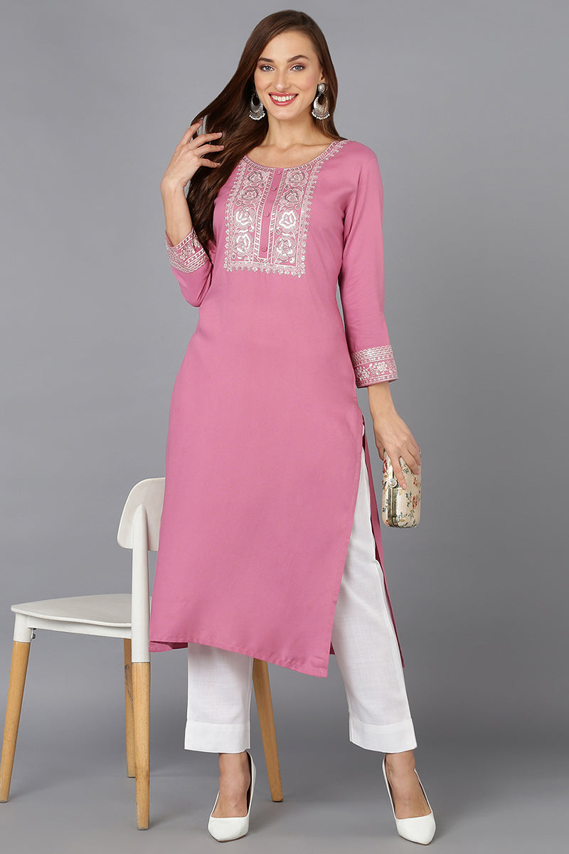 Women's Rayon Pink Embroidered Regular Fit Kurta