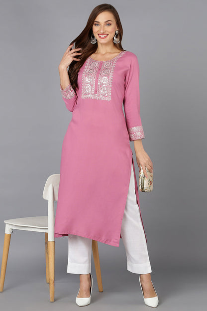 Women's Rayon Pink Embroidered Regular Fit Kurta