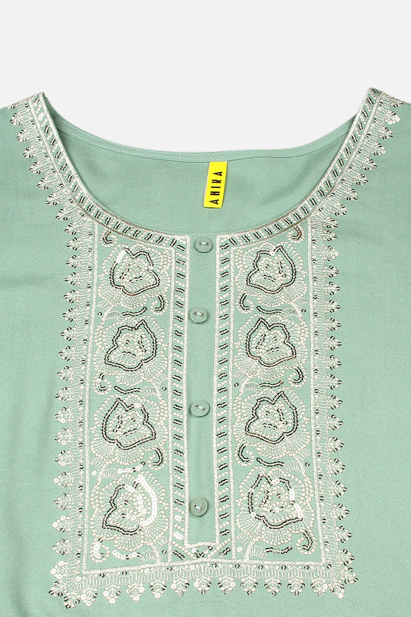 Women's Viscose Rayon Sea Green Embroidered Regular Fit Kurta