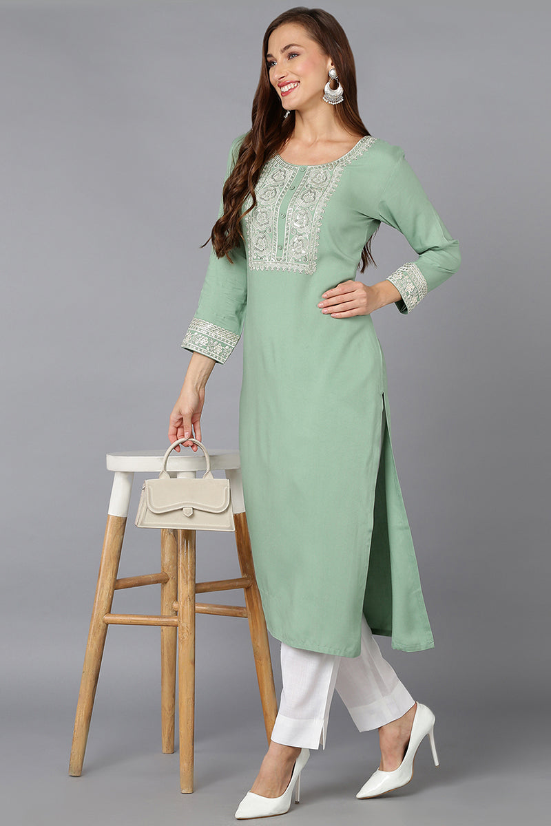 Women's Viscose Rayon Sea Green Embroidered Regular Fit Kurta