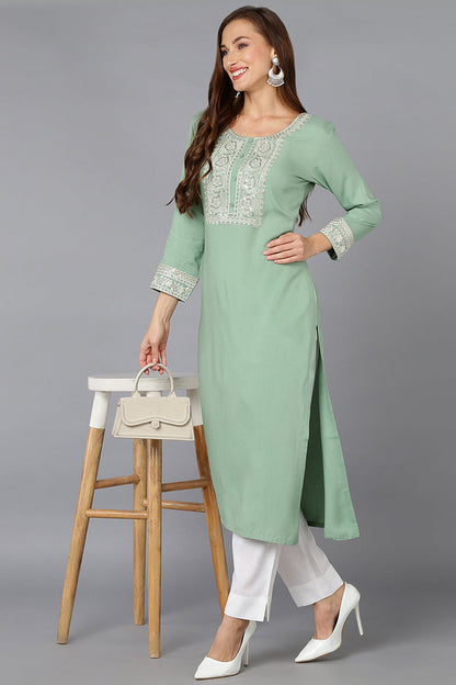 Women's Viscose Rayon Sea Green Embroidered Regular Fit Kurta