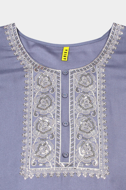 Women's Viscose Rayon Blue Pottery Embroidered Regular Fit Kurta