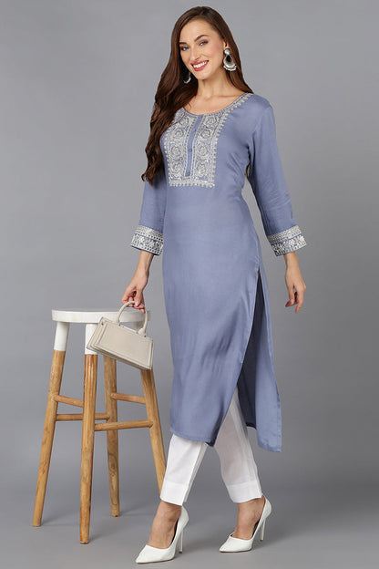 Women's Viscose Rayon Blue Pottery Embroidered Regular Fit Kurta