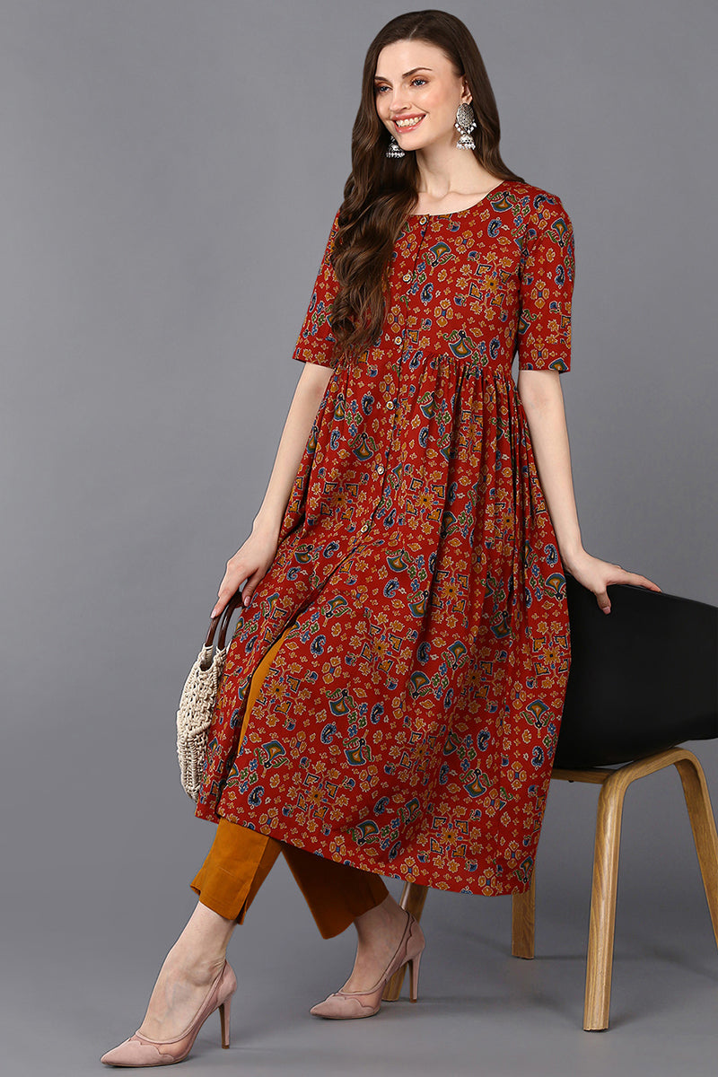 Women's Cotton Red Floral Printed Flared Kurta